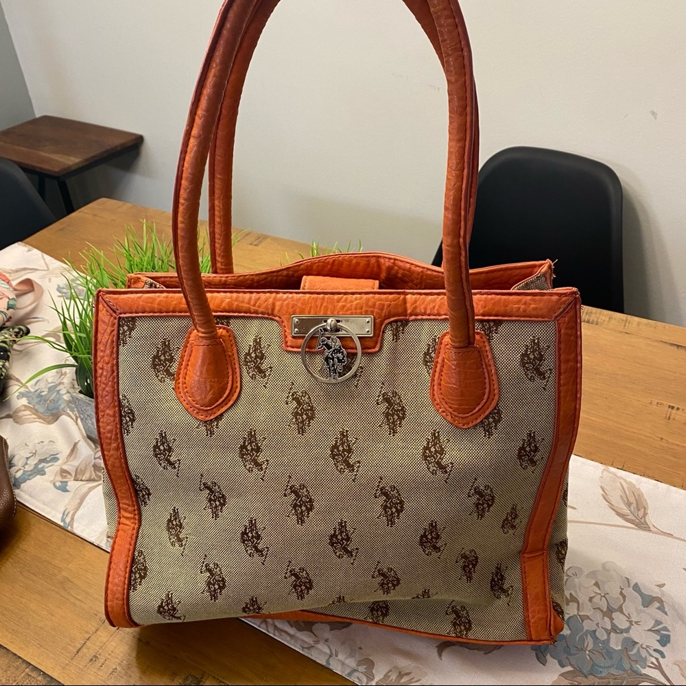 US Polo Assn Jacquard Fabric Tote w/ Orange Trim
